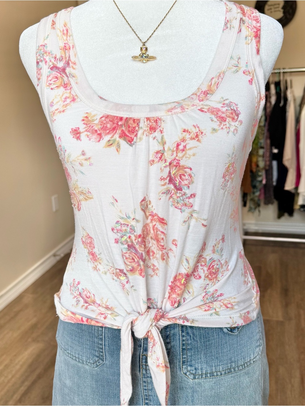 American Rag White Floral Tie-Front Sequin Boho Western Women’s XS Tank Top